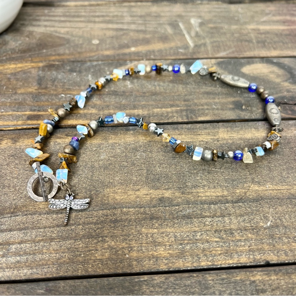 Multi Stone Chip Dragonfly Toggle Necklace